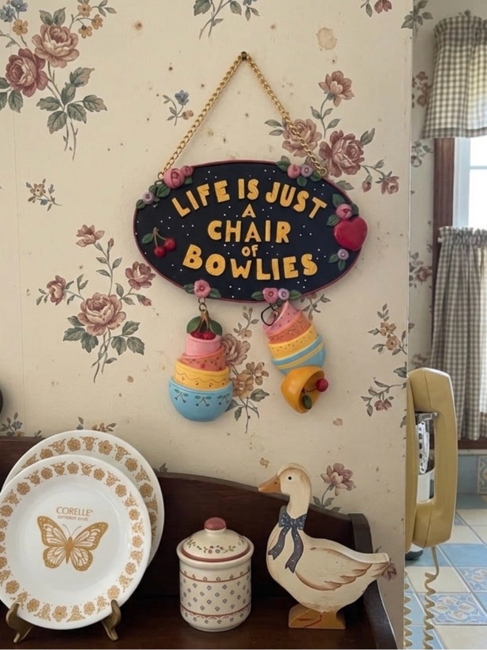 Whimsical Mary Engelbreit “Life Is Just a Chair of Bowlies” Wall Hanging NIP1998